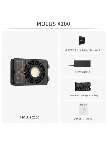 ZHIYUN MOLUS X100 Bi-Color 100W COB Video Light, 385g LED Pocket Light 17317Lux 2700K-6500K CRI 95+/TLCI 97+ with Bluetooth App Control AC/DC Power Supply
