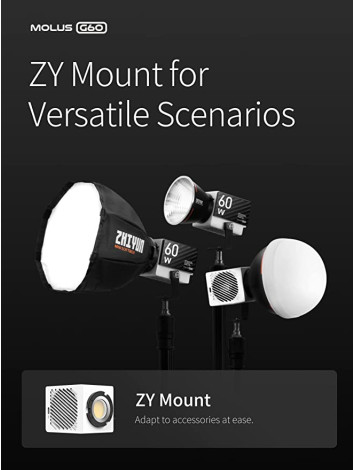 ZHIYUN Molus G60, Bi-Color Video Light, 300g Portable 60W COB LED Continuous Output Lighting, CRI≥96, TLCI≥97, Bluetooth App Control, ZY Mount Ecosystem DC/PD Power Supply