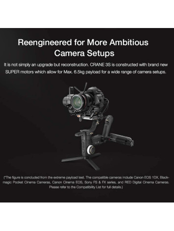 Zhiyun Crane 3S 3-Axis Handheld Gimbal Stabilizer for DSLR Cameras and Camcorder, 6.5kg Payload, Extendable Roll Axis, 12 Hours or Longer Continuous Uptime, DC-in, TransMount SmartSling Handle