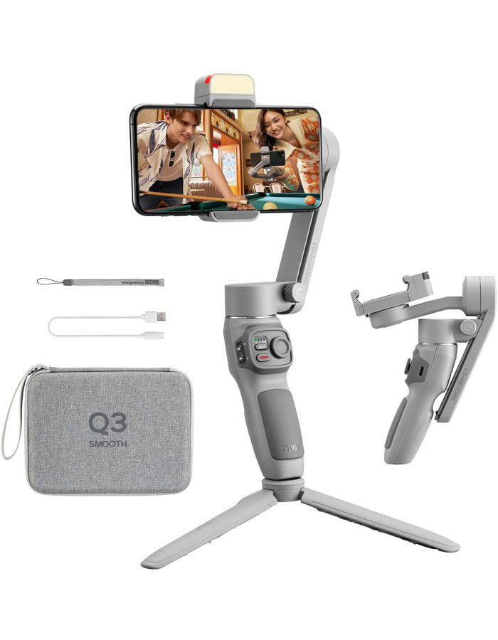 Zhiyun Smooth Q3 Combo, Handheld 3-Axis Smartphone Gimbal Stabilizer with Grip Tripod LED Fill Light Protective Case Foldable Phone Stabilizer Compatible with iPhone & Android